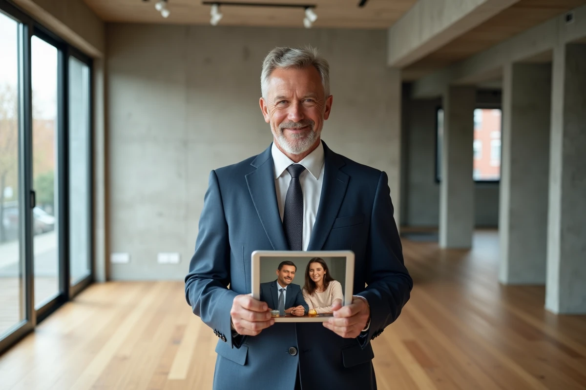 Agent immobilier en visioconference avec un couple dans un appartement moderne