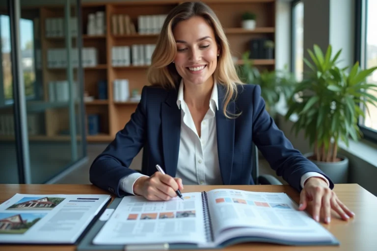 Agent immobilière professionnelle analysant un dossier immobilier complet avec documents et photos de propriété sur un bureau moderne
