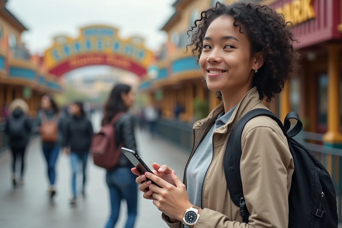 Jeune femme consultant l'application mobile du Futuroscope sur son smartphone avant d'entrer dans le parc