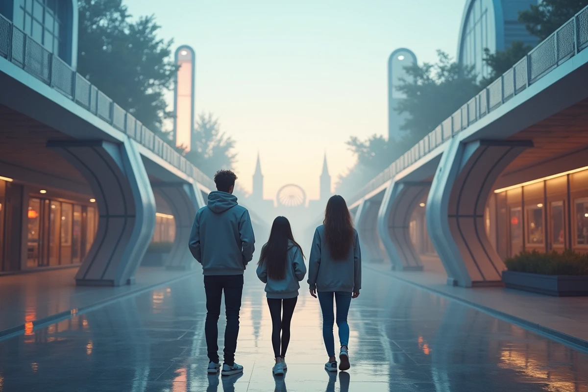 Groupe d'amis arrivant dès l'ouverture des portes du Futuroscope avec les allées encore vides devant eux