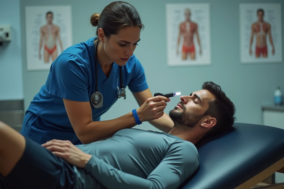 Athlète masculin subi un bilan de commotion cérébrale par un kinésithérapeute en clinique de médecine sportive après un KO