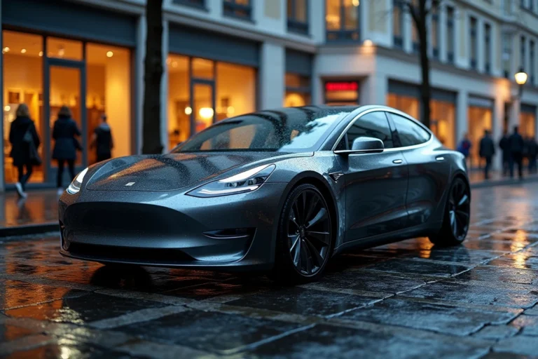Berline électrique moderne garée sur une rue pavée urbaine sous la pluie, tendances automobiles 2024