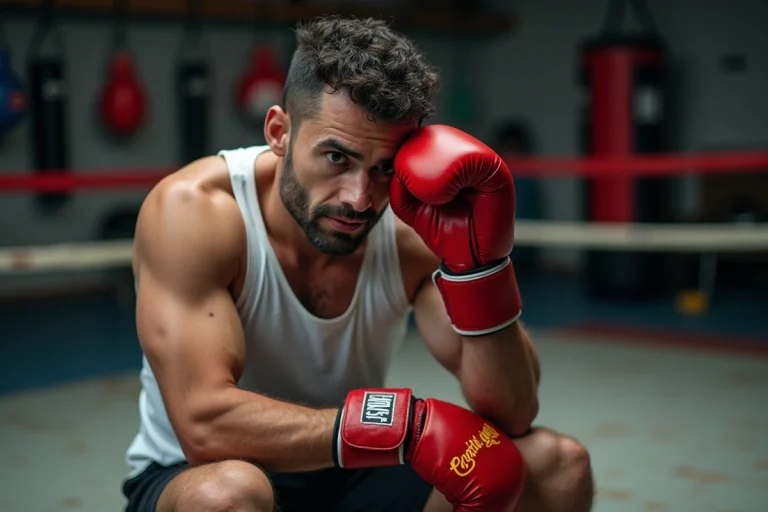 Boxeur professionnel assis sur le bord d'un ring après un KO, tenant sa tempe avec une expression hébétée dans une salle d'entraînement