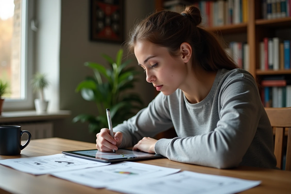 Candidate au permis B2 révisant le code de la route et les réglementations moto à son bureau