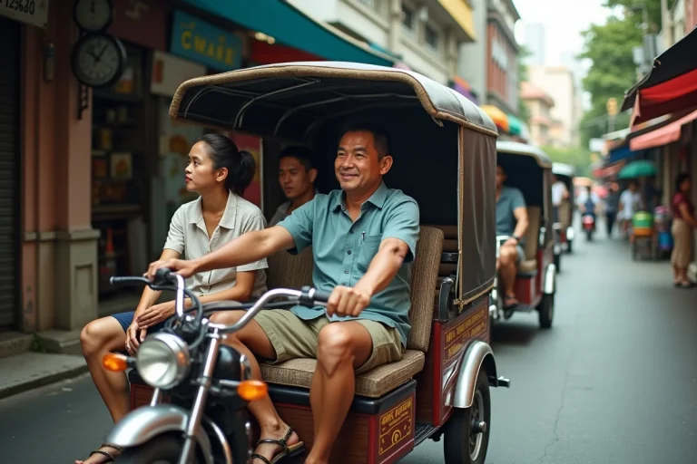 Tuktuk thaïlandais transportant trois passagers dans les rues de Bangkok, illustrant la capacité typique d'un tuktuk