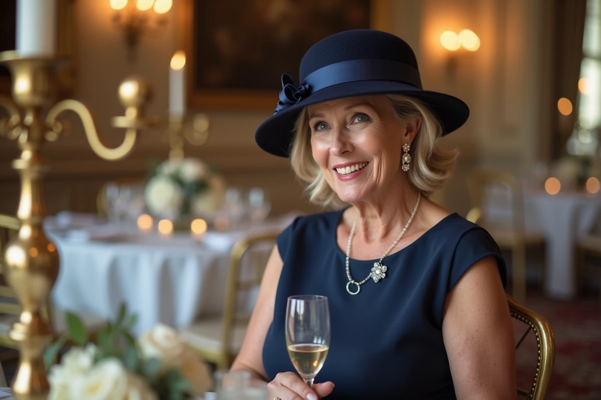 Femme élégante en chapeau bibi marine et robe cocktail assise à une table de réception de mariage dans un château
