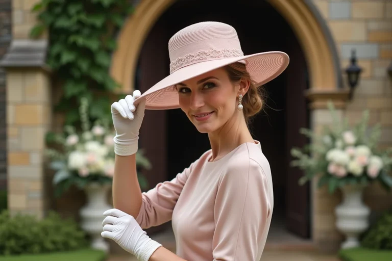 Femme invitée de mariage portant un chapeau capeline en rose poudré avec robe champagne devant une église en pierre fleurie