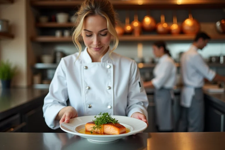Cheffe cuisinière professionnelle dressant une assiette de saumon poêlé avec microgreens dans une cuisine moderne ouverte