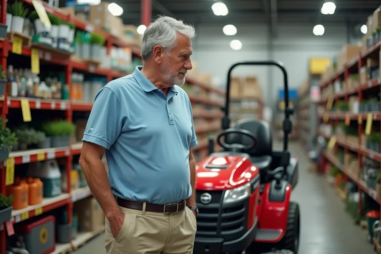 Homme examinant un tracteur tondeuse rouge et noir dans le rayon jardinage d'un magasin Brico Dépôt