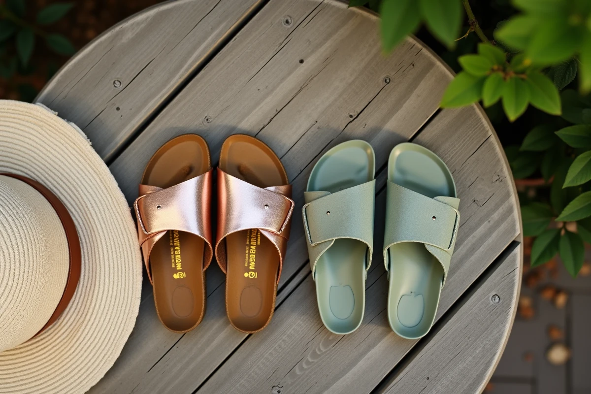 Comparaison côte à côte de sandales Birkenstock Gizeh en cuir doré rose et sandales Billowy en mousse vert sauge sur table en bois de jardin