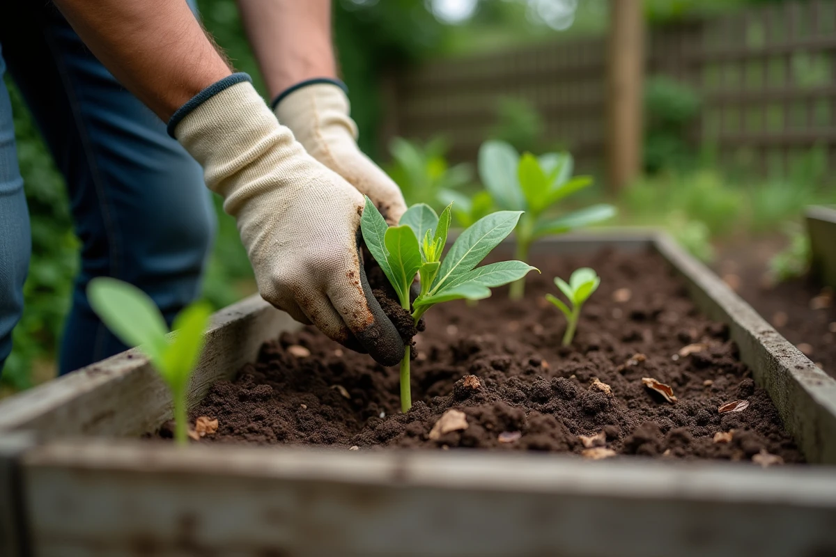 Mains gantées appliquant du compost naturel autour d'un jeune plant dans un potager biologique surélevé