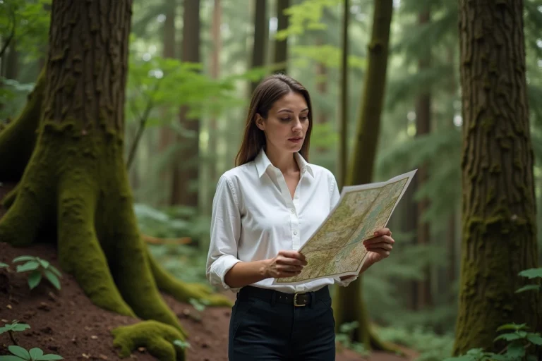 Femme étudiant une carte topographique en lisière de forêt tempérée, illustrant la compréhension des environnements naturels