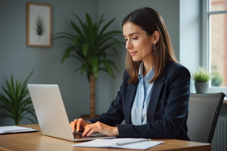 Femme professionnelle connectée à son compte Crédit Agricole Nord Est sur un ordinateur portable dans un bureau à domicile