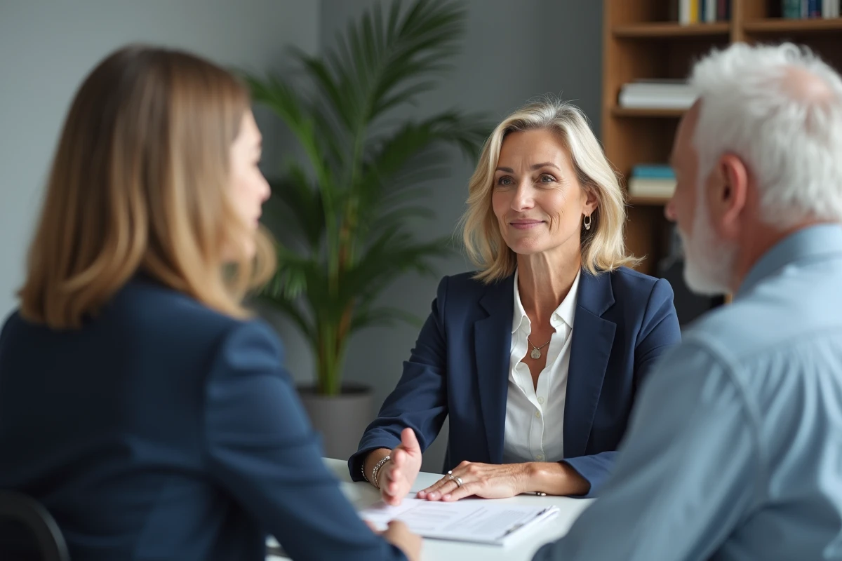 Conseillère en prévoyance obsèques discutant avec un couple de personnes âgées dans un bureau professionnel