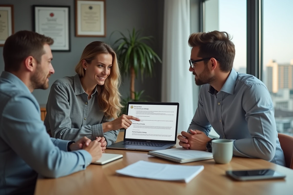 Couple de primo-accédants en rendez-vous avec un conseiller immobilier pour optimiser leur dossier de demande de prêt