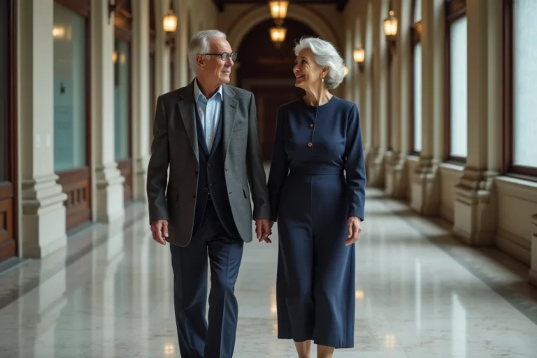 Couple élégant de personnes âgées marchant ensemble dans un hall institutionnel en marbre, évoquant discrétion et influence
