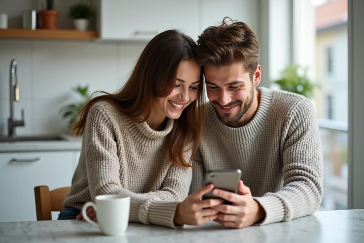 Jeune couple consultant leur compte bancaire Crédit Agricole Nord Est sur smartphone dans leur cuisine