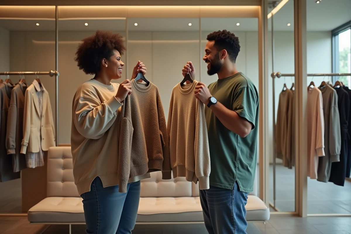 Couple grande taille comparant des vêtements 7XL devant un miroir en cabine d'essayage