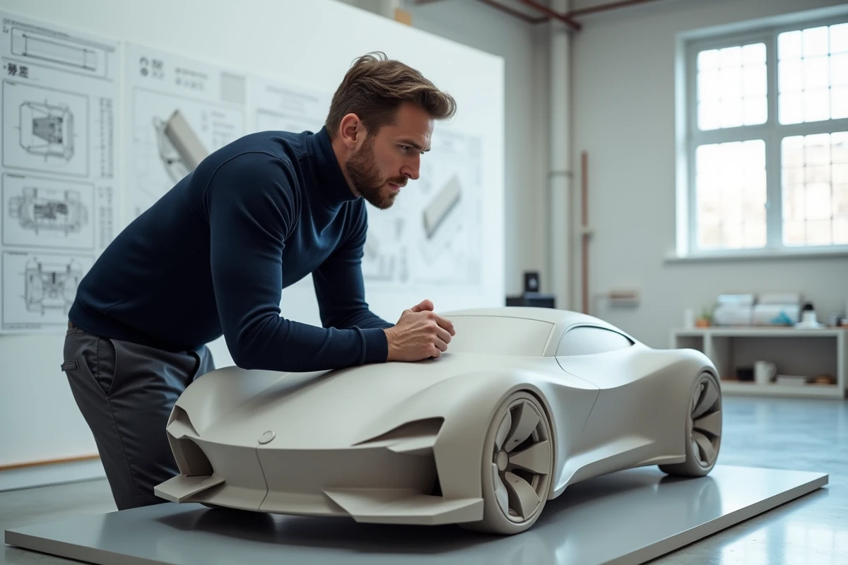 Designer automobile masculin travaillant sur un modèle d'argile de concept-car dans un studio de design professionnel