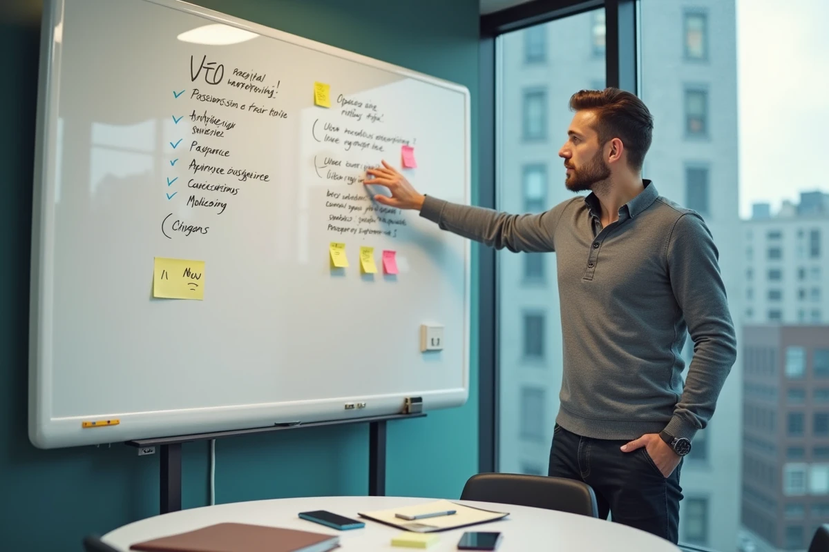 Entrepreneur presenting a digital marketing strategy on a whiteboard in a meeting room