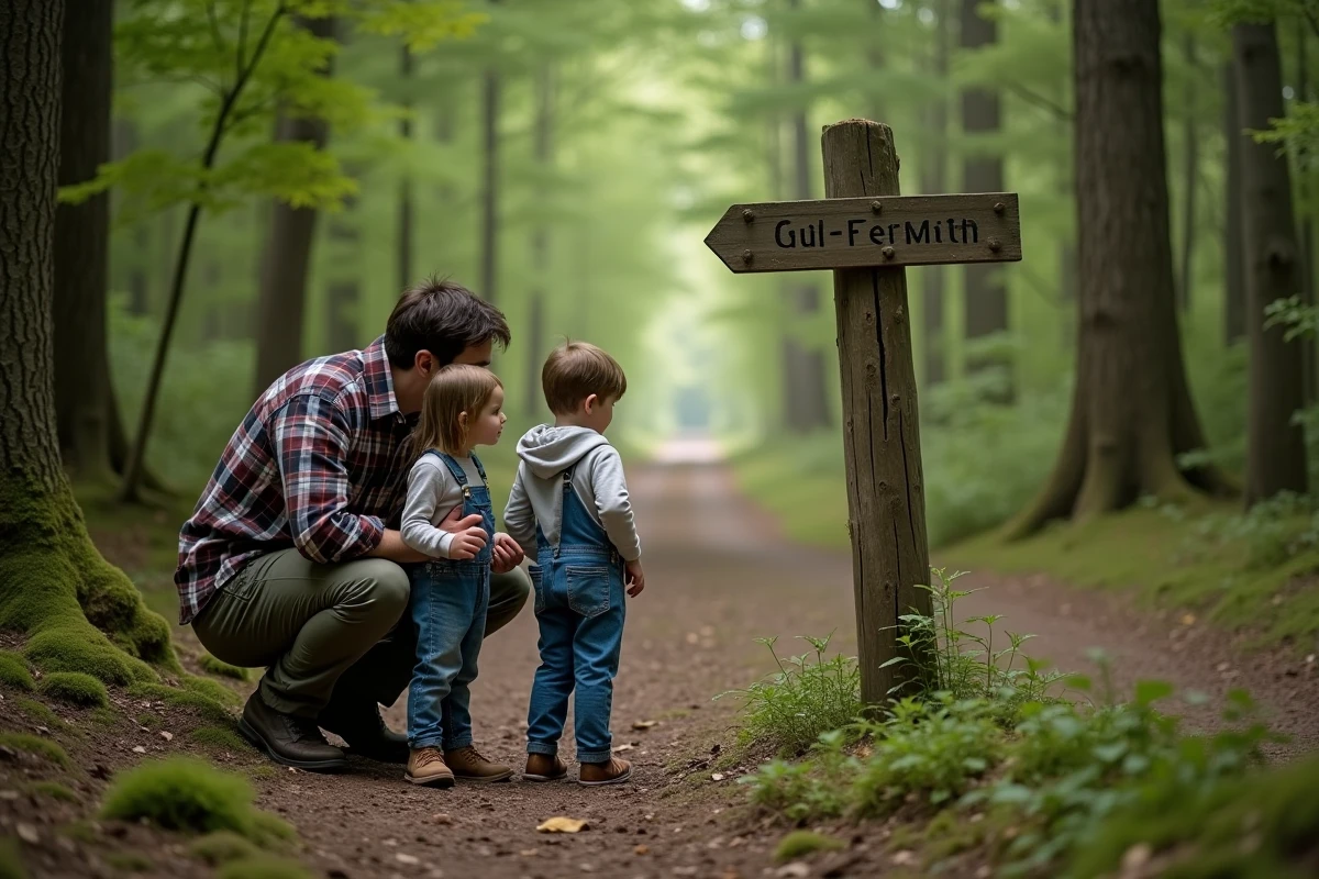 Père et ses deux enfants observant un panneau indicateur en bois au croisement d'un sentier forestier lors d'une randonnée en famille