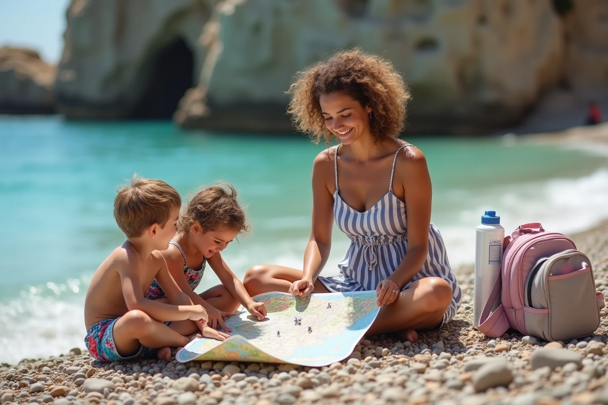 Mère et enfants assis sur une plage de galets consultant une carte de voyage en famille au bord de la mer