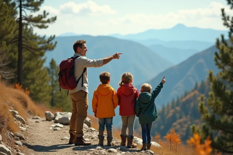 Famille de quatre personnes en randonnée sur un sentier de montagne contemplant un panorama de vallée en automne