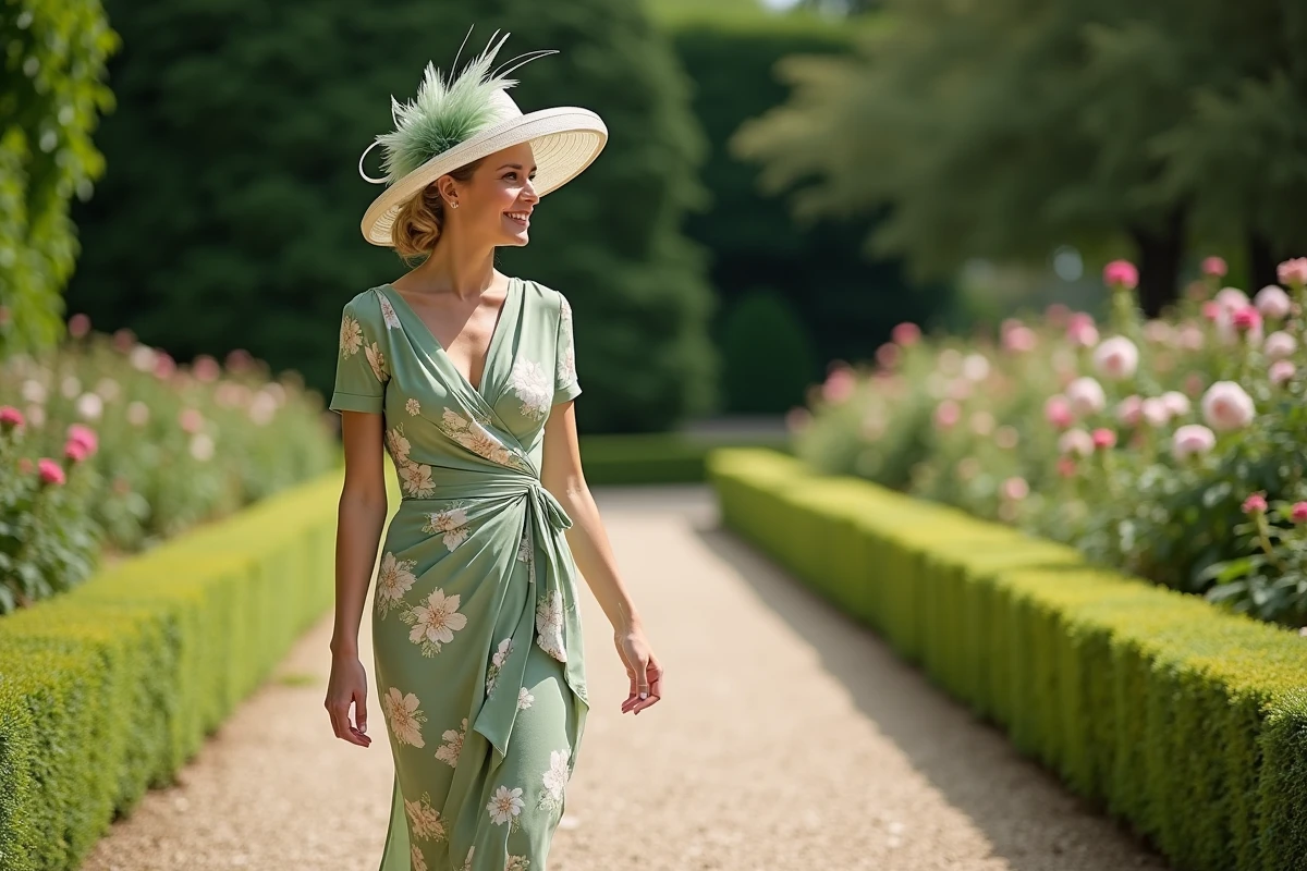 Invitée de mariage en fascinator sinamay vert sauge et robe fleurie marchant dans un jardin fleuri lors d'un mariage en plein air