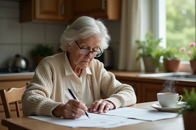 Femme âgée sereine signant des documents de prévoyance obsèques à sa table de cuisine