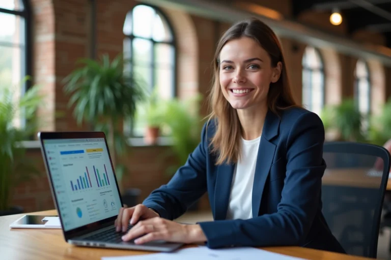Femme professionnelle analysant des statistiques de présence en ligne sur un ordinateur portable dans un bureau moderne