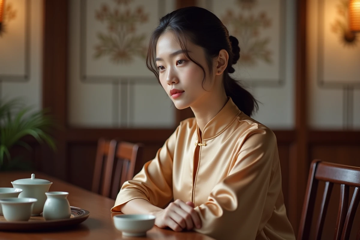 Femme asiatique en tenue traditionnelle moderne assise dans un salon de thé en bois