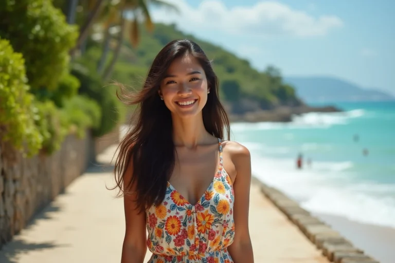 Femme brésilienne souriante en robe fleurie sur une promenade côtière tropicale