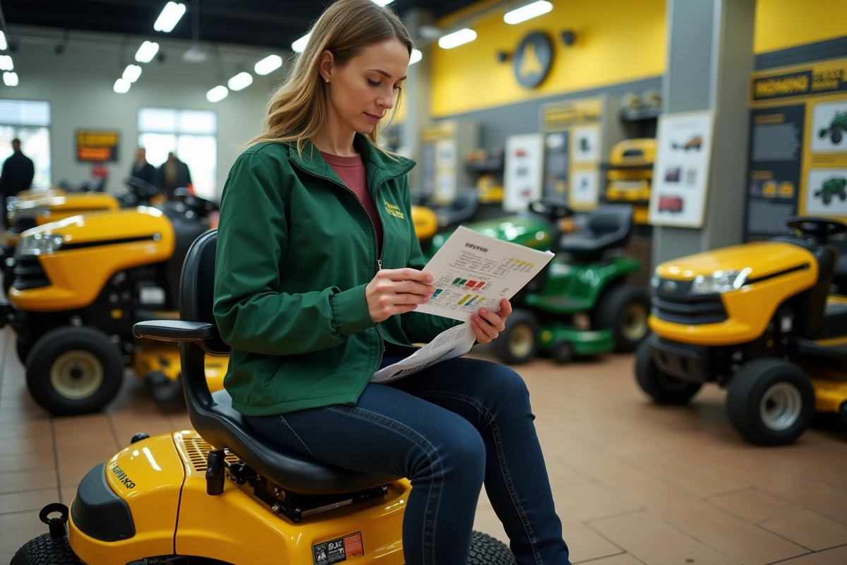 Femme assise sur un tracteur tondeuse jaune en magasin, comparant les modèles sur une brochure