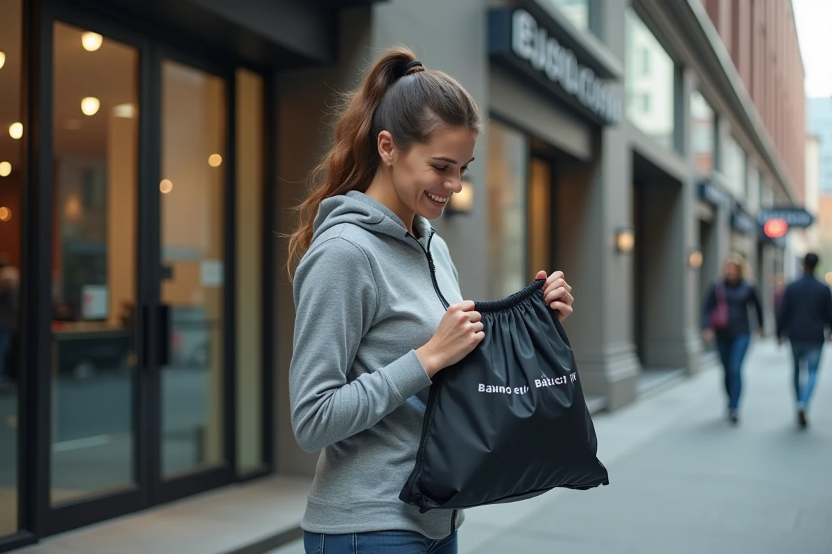 Femme découvrant le contenu de son sac Basic Fit gratuit devant l'entrée d'une salle de sport en ville