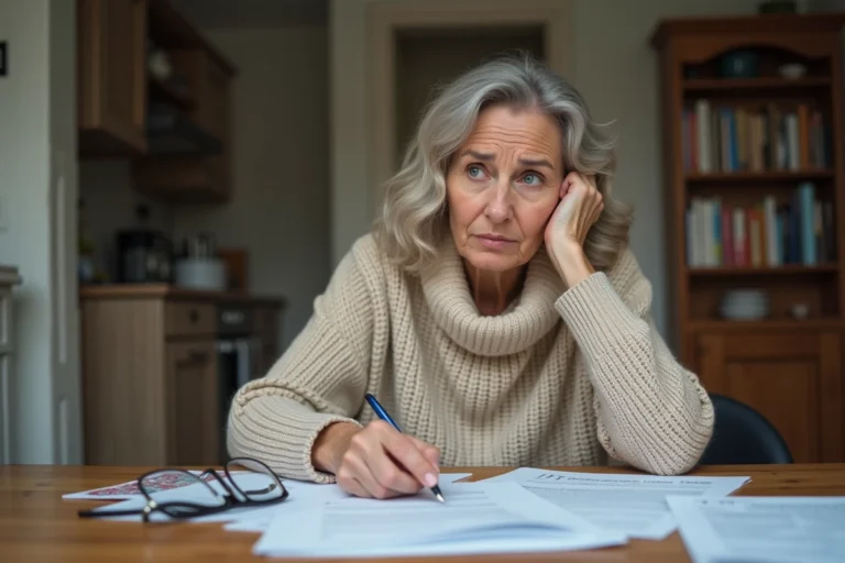 Femme en fin de quarantaine qui examine des documents de retraite et des formulaires administratifs à une table en bois, illustrant les démarches liées au CSP et aux cotisations retraite