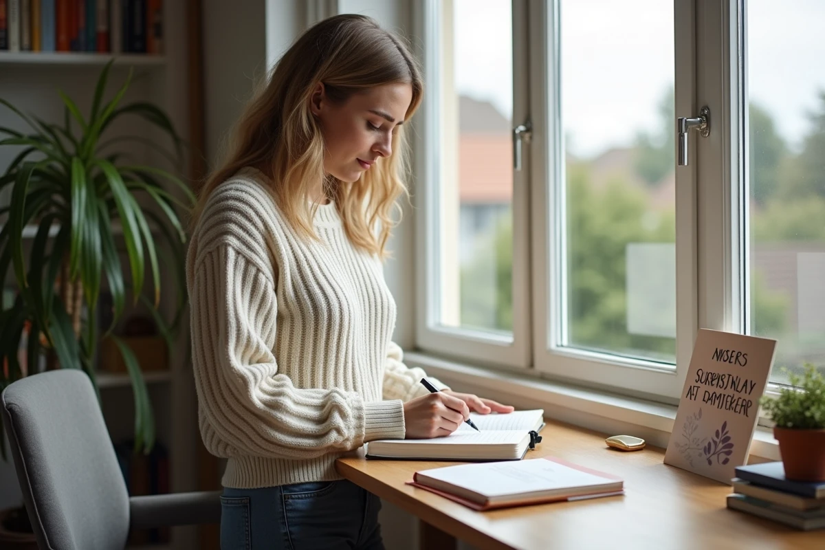 Jeune femme écrivant dans un journal dans un bureau cosy