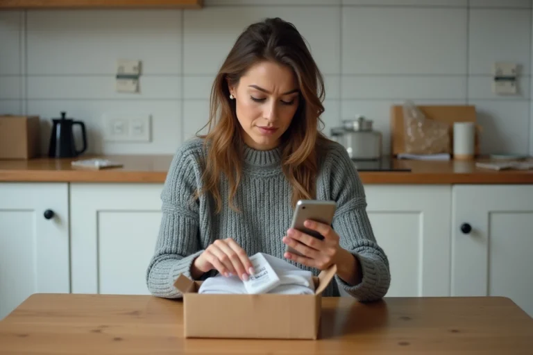 Femme consultant son téléphone pour vérifier les frais de port Vinted avant d'expédier un colis de vêtements d'occasion