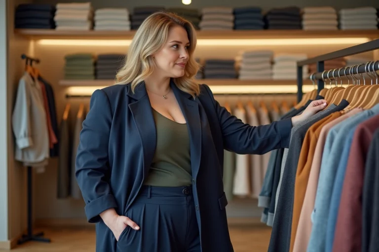 Femme grande taille en tenue 7XL bien ajustée faisant ses courses dans un magasin de vêtements moderne