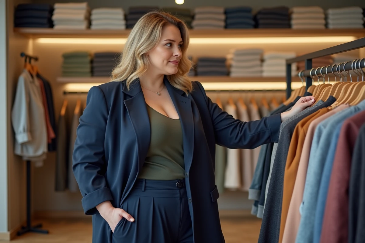 Femme grande taille en tenue 7XL bien ajustée faisant ses courses dans un magasin de vêtements moderne