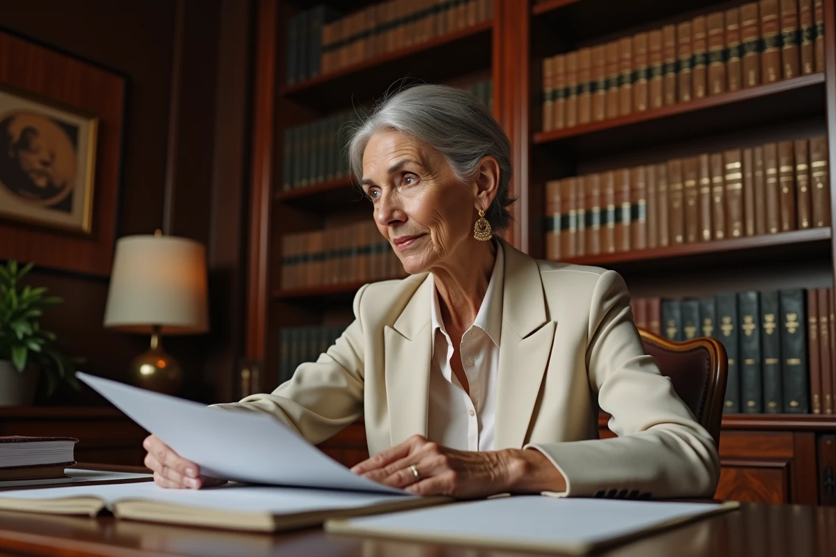 Femme distinguée aux cheveux argentés assise dans une bibliothèque privée, symbole d'influence intellectuelle et de discrétion