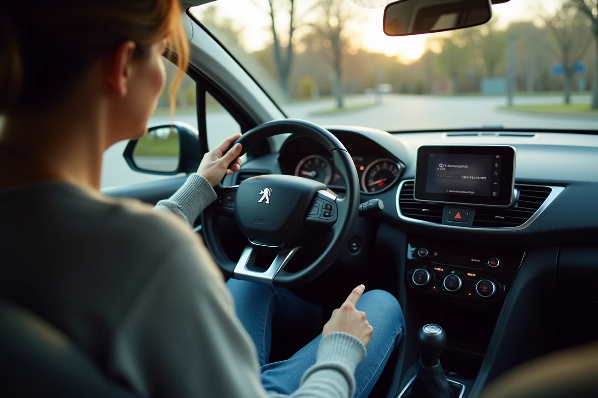 Femme consultant la mise à jour cartographique sur l'écran GPS d'une Peugeot 208 dans un parking