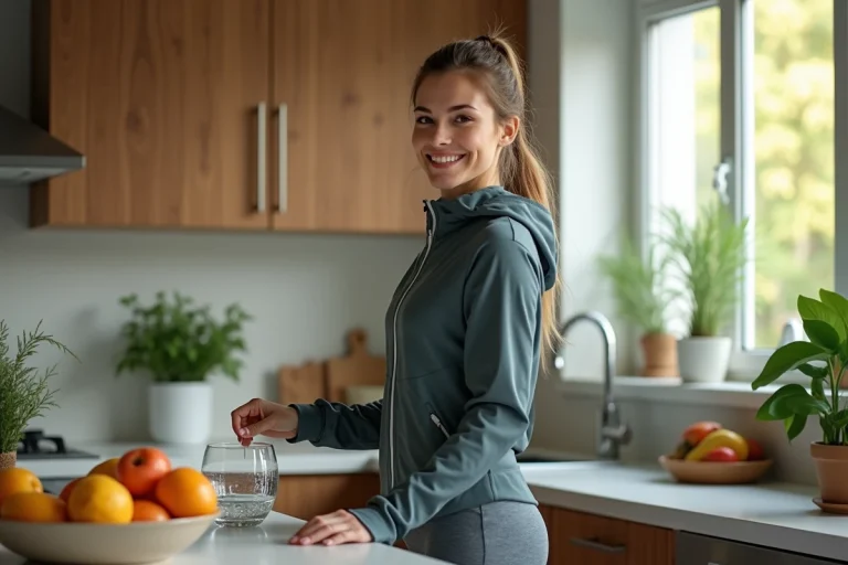 Femme souriante verse de l'eau dans la cuisine lumineuse