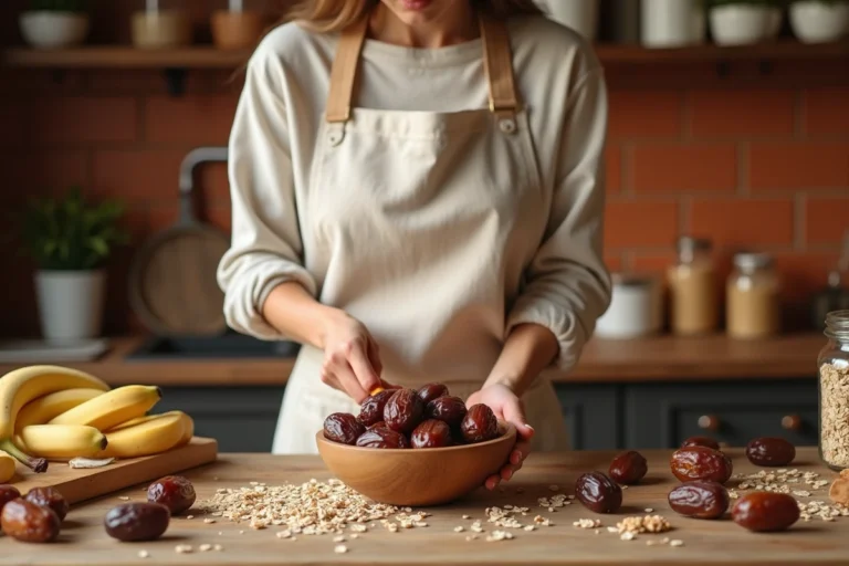 Femme préparant un bol de dattes Medjool dans une cuisine rustique avec des ingrédients sains