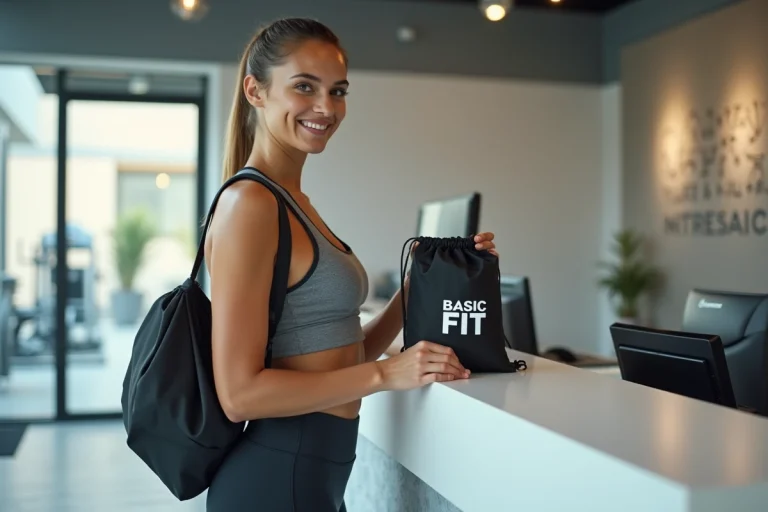 Jeune femme en tenue de sport tenant un sac Basic Fit gratuit à l'accueil d'une salle de gym moderne