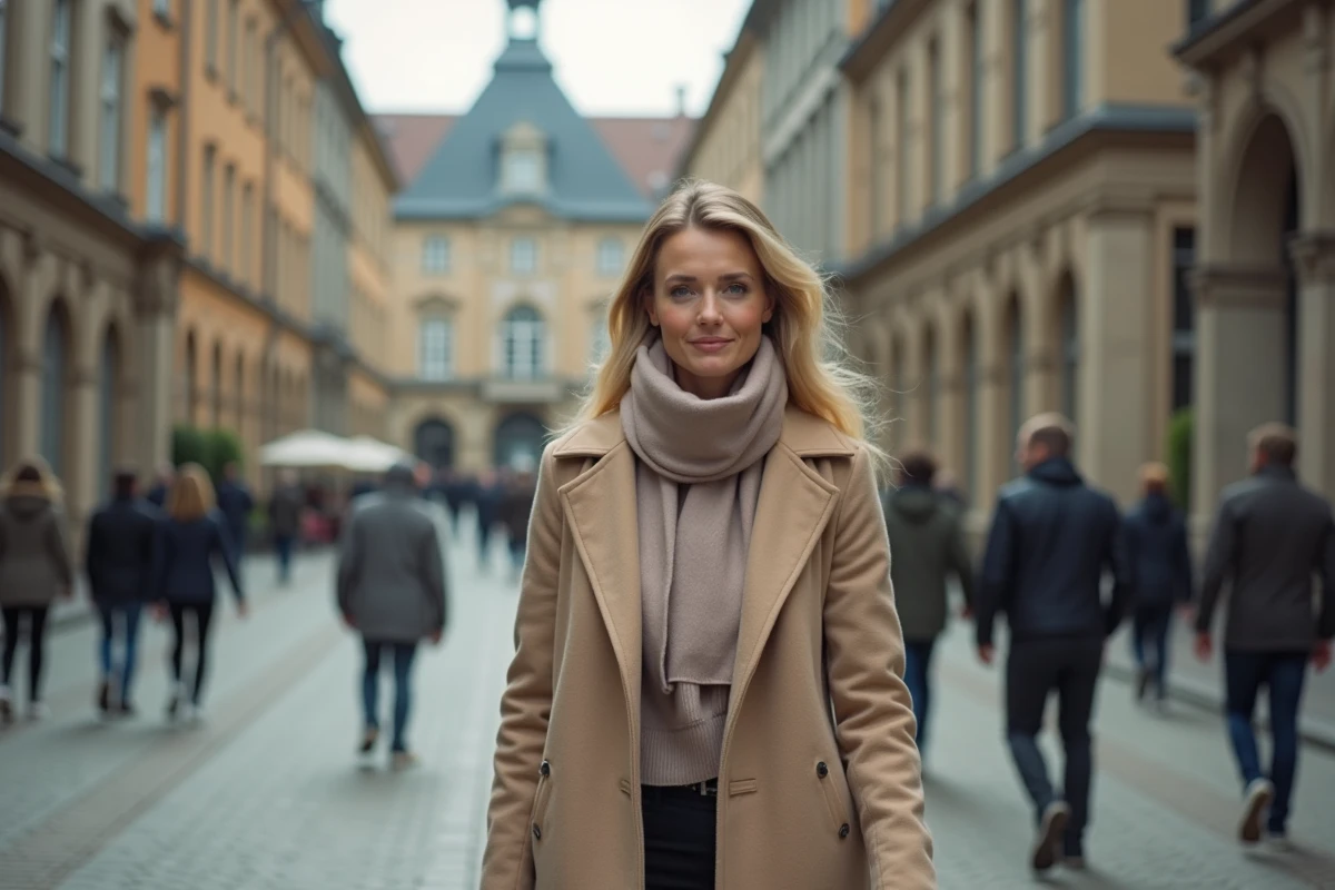 Femme scandinave élégante marchant dans une place historique européenne en automne