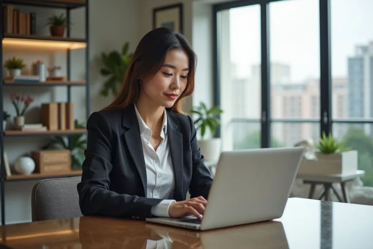 Jeune femme professionnelle consulte des annonces immobilières à la maison