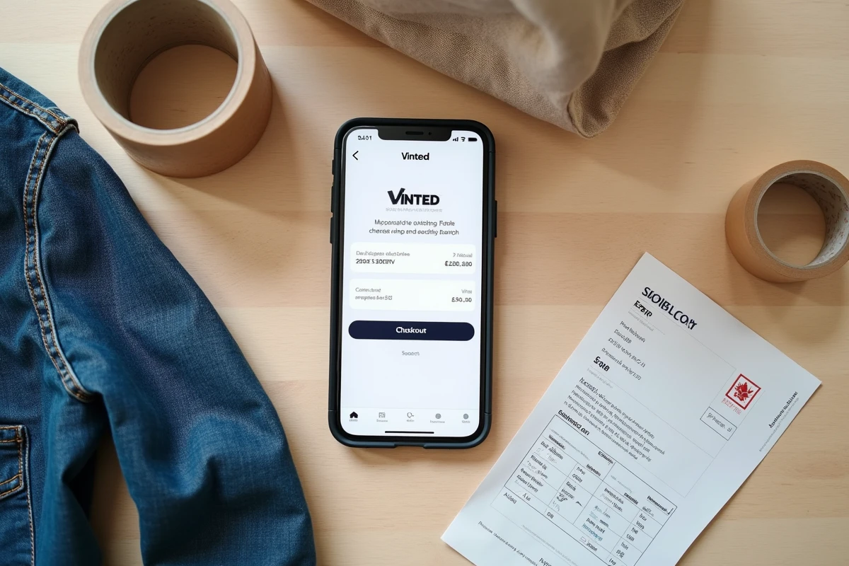 Vue aérienne d'un smartphone affichant les frais de port Vinted avec des vêtements d'occasion et un colis prêt à expédier