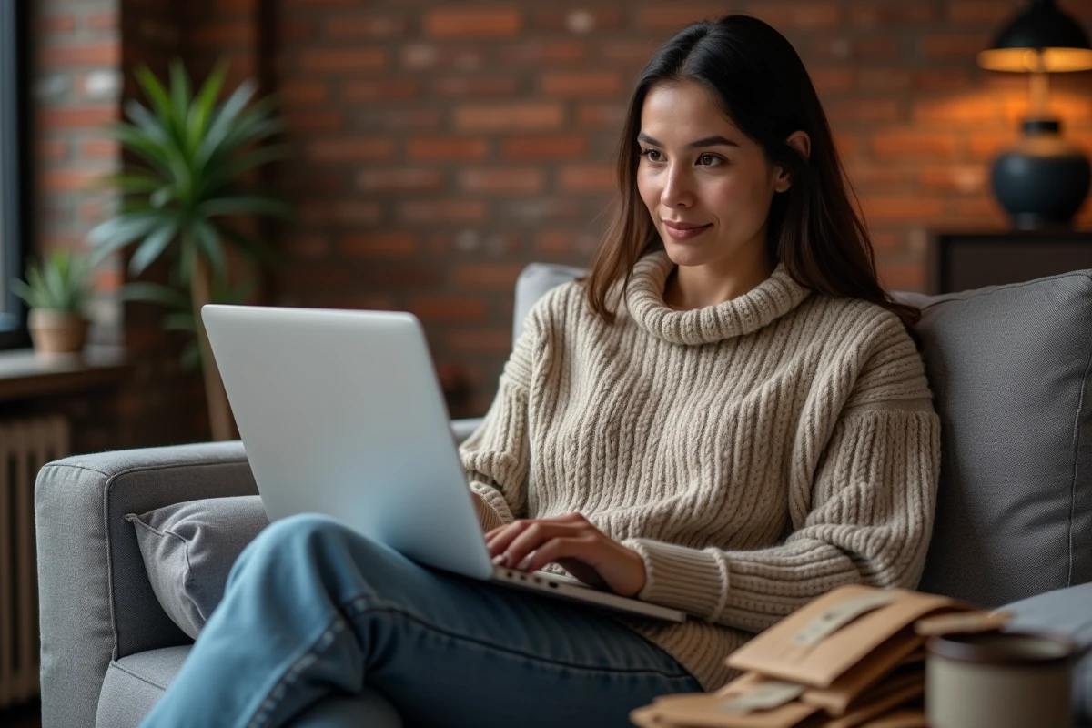 Femme assise sur un canapé gérant ses annonces de vêtements en seconde main sur Zalando depuis son ordinateur portable