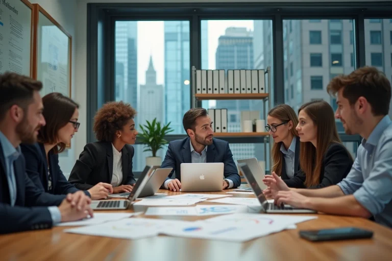 Groupe de professionnels en réunion dans un bureau moderne