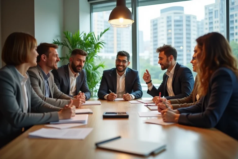Groupe de professionnels en réunion dans un bureau lumineux
